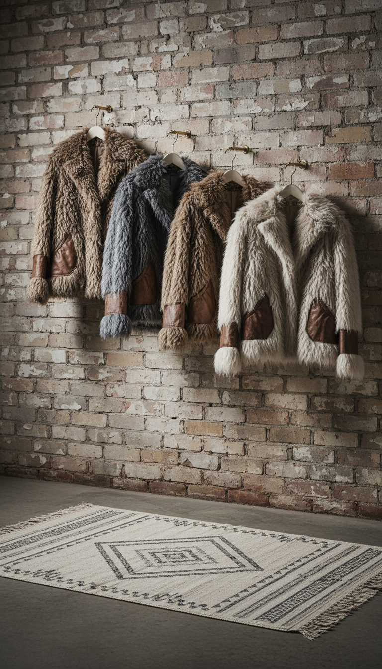 A collection of luxurious faux fur jackets in muted taupe, slate, and cream hues, elegantly arranged on minimalist brass wall hooks. The jackets feature a mix of plush textures and distressed leather accents for a rustic yet sophisticated vibe. The setting is a tastefully aged brick wall with a subtle grunge patina, softened by an understated boho rug on the floor. Soft studio lighting creates a gentle gradient across the garments, highlighting the tactile richness while maintaining a muted color palette. The composition is asymmetrical, with the jackets leading the eye from left to right in an inviting, atmospheric style. The overall aesthetic is photographic and refined, capturing the boutique’s nostalgic, fashion-forward spirit.