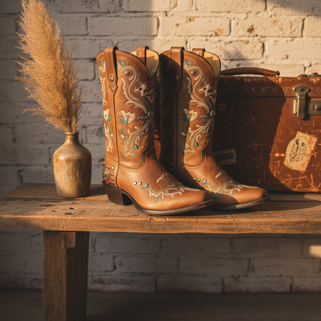 A pair of handcrafted, distressed leather western cowboy boots in rich, matte cognac brown, featuring intricate floral embroidery and burnished metal accents. The boots are displayed atop a reclaimed wooden bench, surrounded by minimalist rustic decor: a single pampas grass stem in a ceramic vase and a worn, vintage suitcase in the background. Late afternoon golden hour light filters in from the side, emphasizing the textured grain of the leather and casting long, elegant shadows. The mood is nostalgic, sophisticated, and slightly rebellious. Composed from a slightly elevated angle with shallow depth of field, the image blends grunge-inspired minimalism with warm photographic realism, perfectly echoing the boutique’s unique personality.