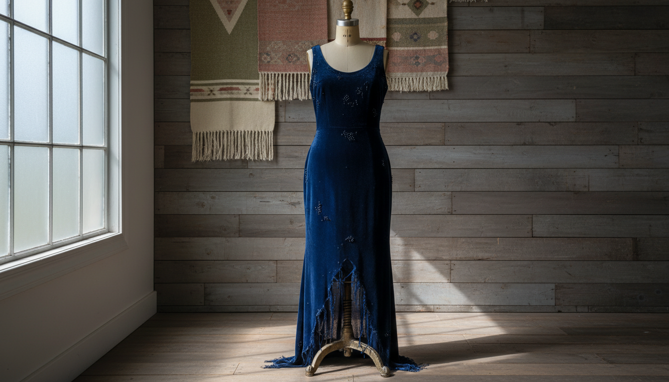 An elegant floor-length evening gown crafted from sumptuous midnight blue velvet, intricately detailed with subtle beaded accents and a flowing, grunge-inspired hemline. The gown is styled on a refined vintage dress form, set against a backdrop of weathered wood paneling and muted boho textiles. Gentle, diffused daylight streams through a nearby frosted window, casting soft highlights on the rich textures of the velvet and creating delicate shadows on the floor. The mood is quietly sophisticated with a hint of retro nostalgia. Captured at eye-level with centered composition and minimalist framing, the image evokes photographic realism and refined detail, perfectly suited for a high-end women’s fashion boutique gallery.