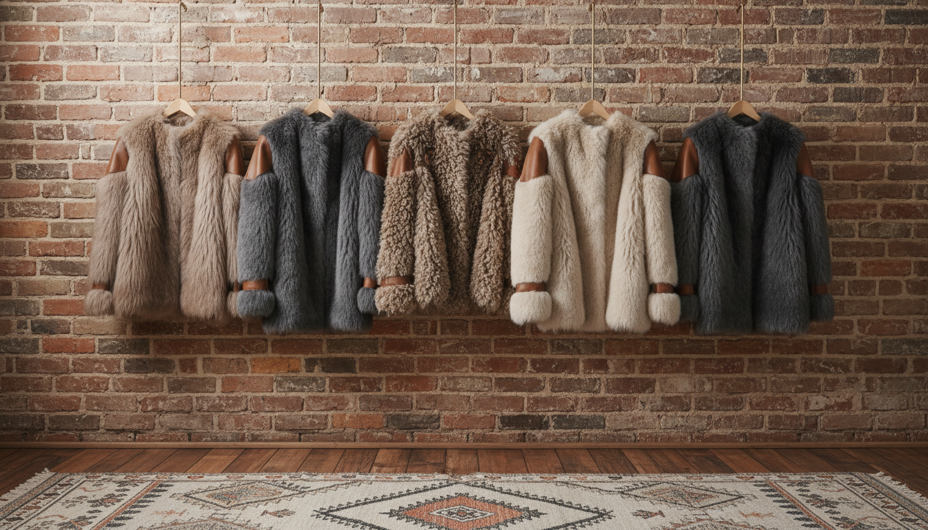 A collection of luxurious faux fur jackets in muted taupe, slate, and cream hues, elegantly arranged on minimalist brass wall hooks. The jackets feature a mix of plush textures and distressed leather accents for a rustic yet sophisticated vibe. The setting is a tastefully aged brick wall with a subtle grunge patina, softened by an understated boho rug on the floor. Soft studio lighting creates a gentle gradient across the garments, highlighting the tactile richness while maintaining a muted color palette. The composition is asymmetrical, with the jackets leading the eye from left to right in an inviting, atmospheric style. The overall aesthetic is photographic and refined, capturing the boutique’s nostalgic, fashion-forward spirit.