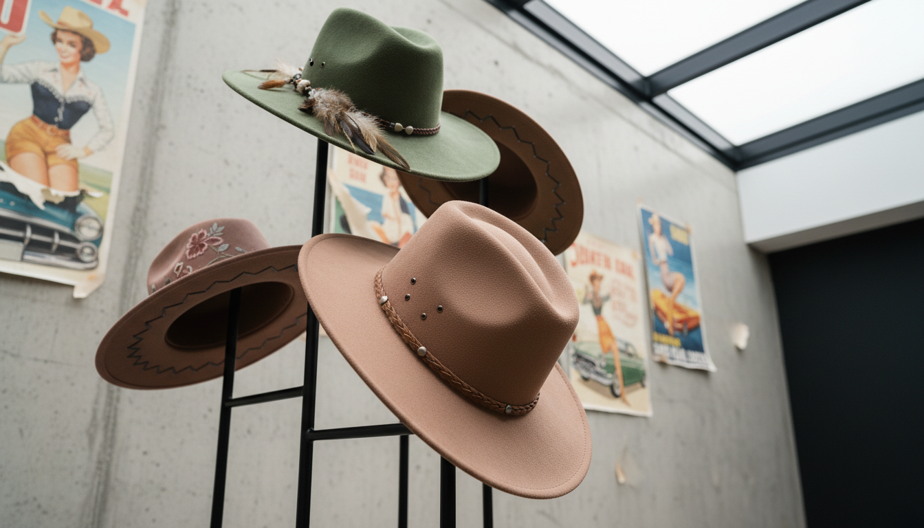 An artful arrangement of vintage-inspired, wide-brimmed suede cowboy hats in soft, muted earth tones—dusty rose, mossy green, and warm taupe—displayed on a minimalist metal hat rack. The scene is set against a backdrop of a lightly textured concrete wall, accented with faded retro pin-up posters for a touch of boho nostalgia. Natural overcast daylight from a large skylight above creates even, diffused illumination, rendering subtle gradients across the suede and enhancing the hats’ refined details. Captured at a low, slightly off-center angle using the rule of thirds, the image feels quietly stylish and rooted in photographic realism, designed to intrigue and inspire visitors to a sophisticated women’s fashion store.