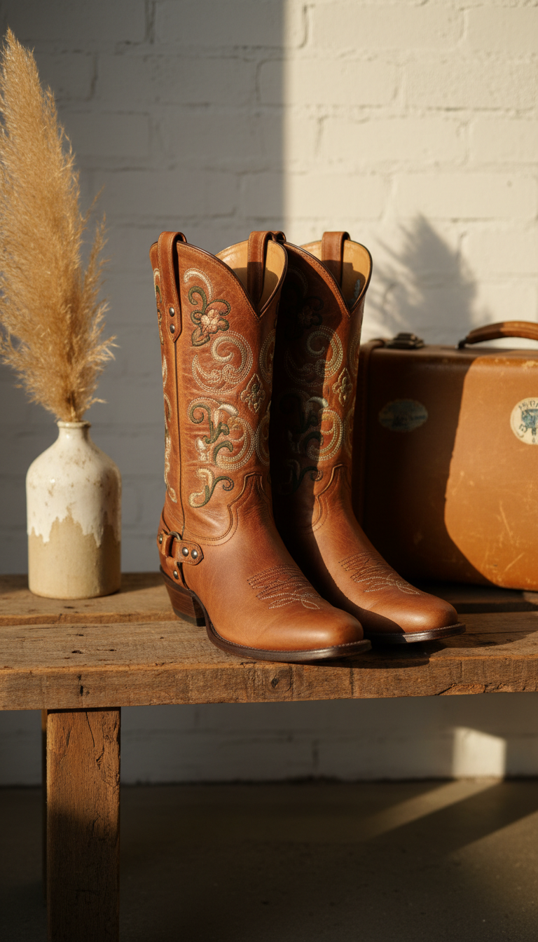 A pair of handcrafted, distressed leather western cowboy boots in rich, matte cognac brown, featuring intricate floral embroidery and burnished metal accents. The boots are displayed atop a reclaimed wooden bench, surrounded by minimalist rustic decor: a single pampas grass stem in a ceramic vase and a worn, vintage suitcase in the background. Late afternoon golden hour light filters in from the side, emphasizing the textured grain of the leather and casting long, elegant shadows. The mood is nostalgic, sophisticated, and slightly rebellious. Composed from a slightly elevated angle with shallow depth of field, the image blends grunge-inspired minimalism with warm photographic realism, perfectly echoing the boutique’s unique personality.