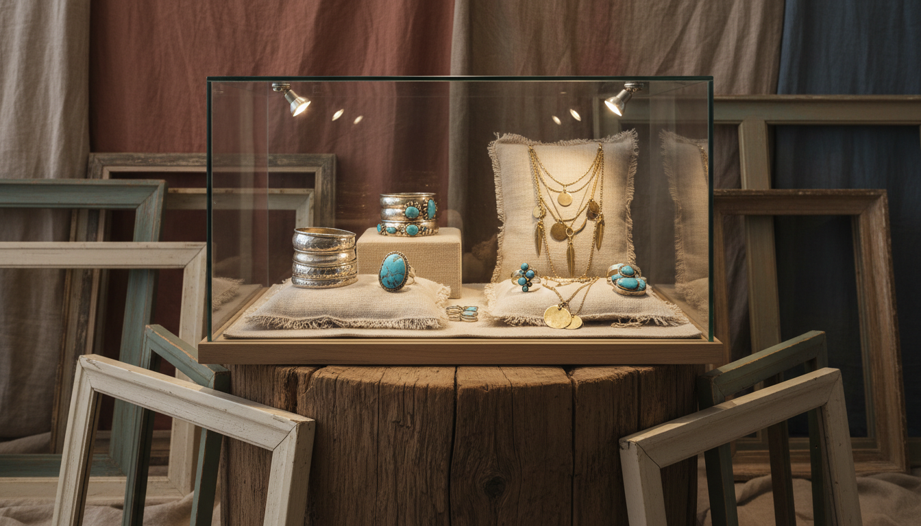 A minimalist glass display case featuring a curated selection of boho-chic jewelry—antiqued silver bangles, turquoise stone rings, and brass-layered necklaces—arranged on aged linen pads with subtly frayed edges. The display is set atop a sleek reclaimed wood pedestal, surrounded by softly distressed vintage frames and muted, weathered fabric backdrops. Soft spotlights from above create gentle highlights on the polished metal and stones, producing delicate sparkles and elegant shadows. The composition uses sharp focus throughout and an asymmetrical layout to draw attention to each piece’s intricate details. The atmosphere is sophisticated, nostalgic, and refined, merging contemporary minimalism with rustic charm in a photographic, boutique-ready presentation.