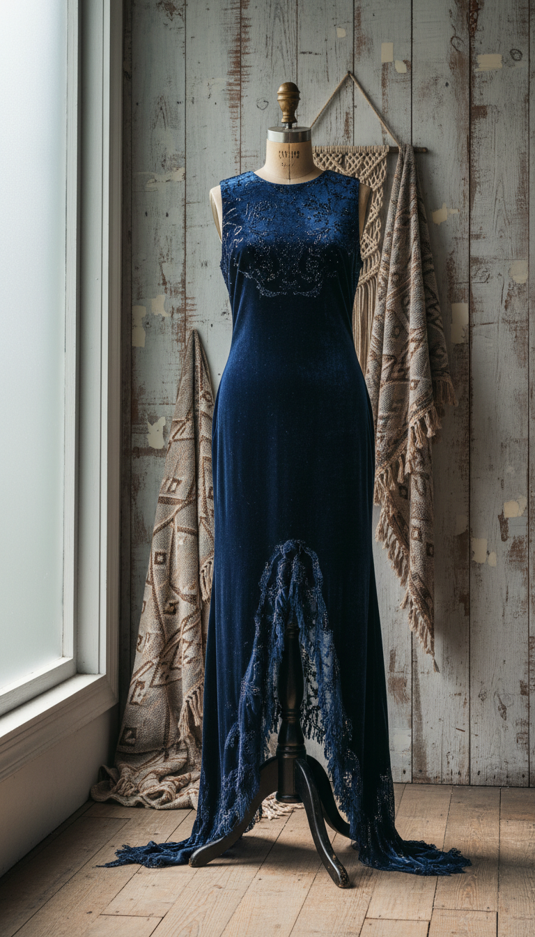 An elegant floor-length evening gown crafted from sumptuous midnight blue velvet, intricately detailed with subtle beaded accents and a flowing, grunge-inspired hemline. The gown is styled on a refined vintage dress form, set against a backdrop of weathered wood paneling and muted boho textiles. Gentle, diffused daylight streams through a nearby frosted window, casting soft highlights on the rich textures of the velvet and creating delicate shadows on the floor. The mood is quietly sophisticated with a hint of retro nostalgia. Captured at eye-level with centered composition and minimalist framing, the image evokes photographic realism and refined detail, perfectly suited for a high-end women’s fashion boutique gallery.